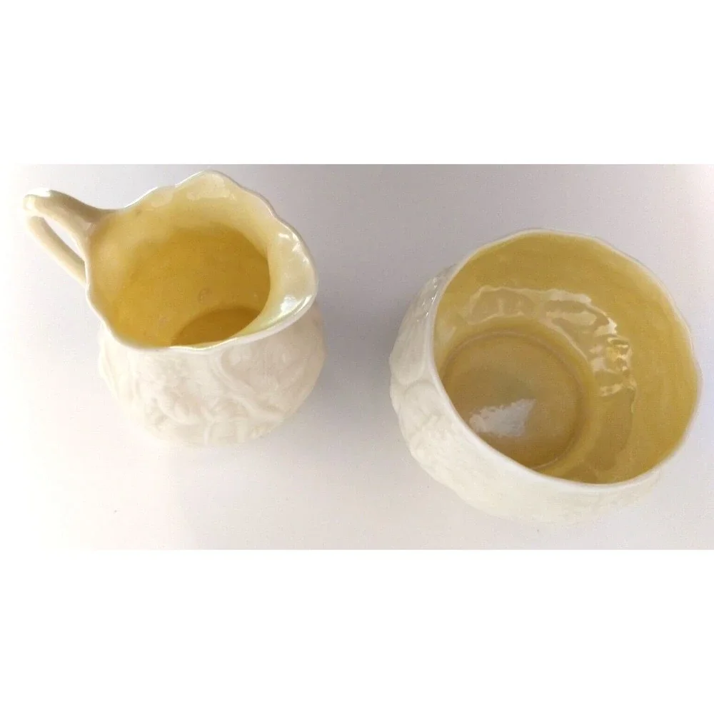 Belleek LOTUS Creamer & Sugar Bowl Green 5th Mark Irish Parian Porcelain Vintage